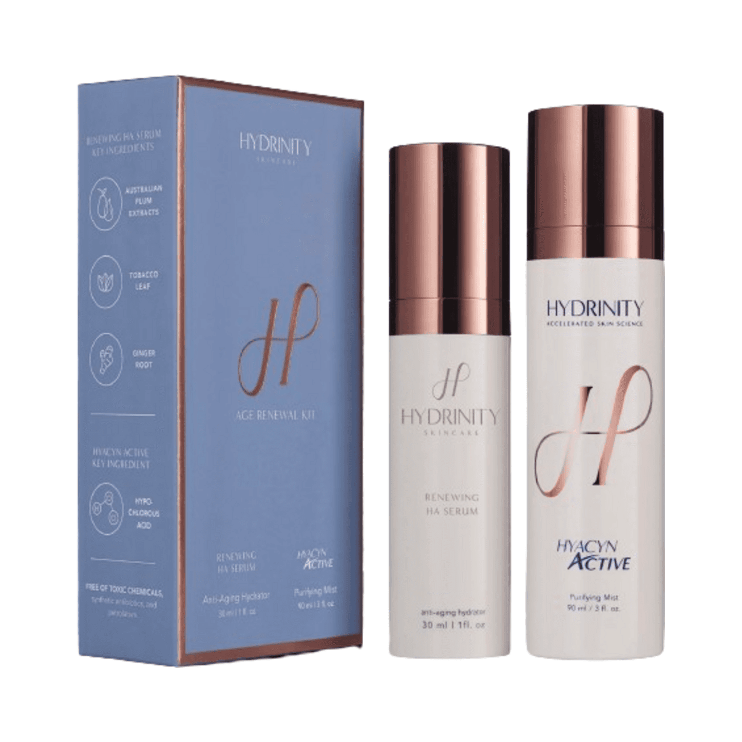 Hydrinity Age Renewal Kit - Express Lane to Rejuvenation includes boxed Renewing HA Serum and Hyacyn Active Mist for dry skin and elasticity boost.