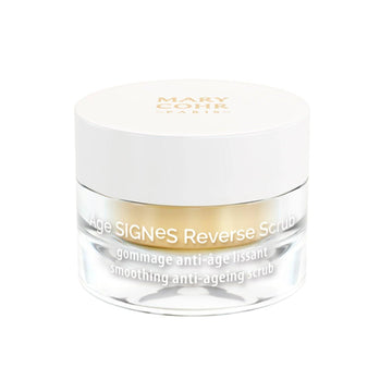 Mary Cohr Anti-Aging Scrub with Hyaluronic Acid in a white and clear jar, designed for smoothing and rejuvenating facial skin.