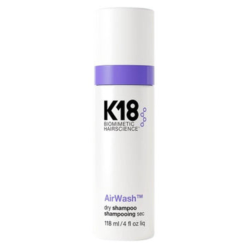 K18 Hair AirWash dry shampoo non-aerosol bottle with odor control, 118ml size for oil absorption and freshness up to 3 days.