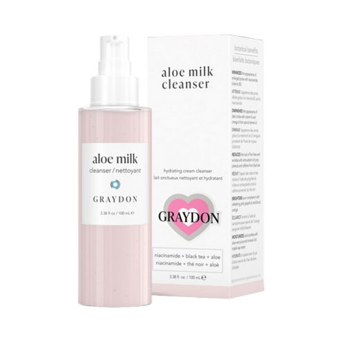 Creamy texture of Graydon Aloe Milk Cleanser, showcasing its smooth, hydrating formula for sensitive skin and pore care.