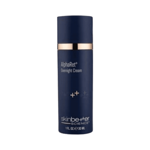 AlphaRet Overnight Cream by Skinbetter Science in a sleek navy bottle with gold accent, designed for nighttime skin rejuvenation.