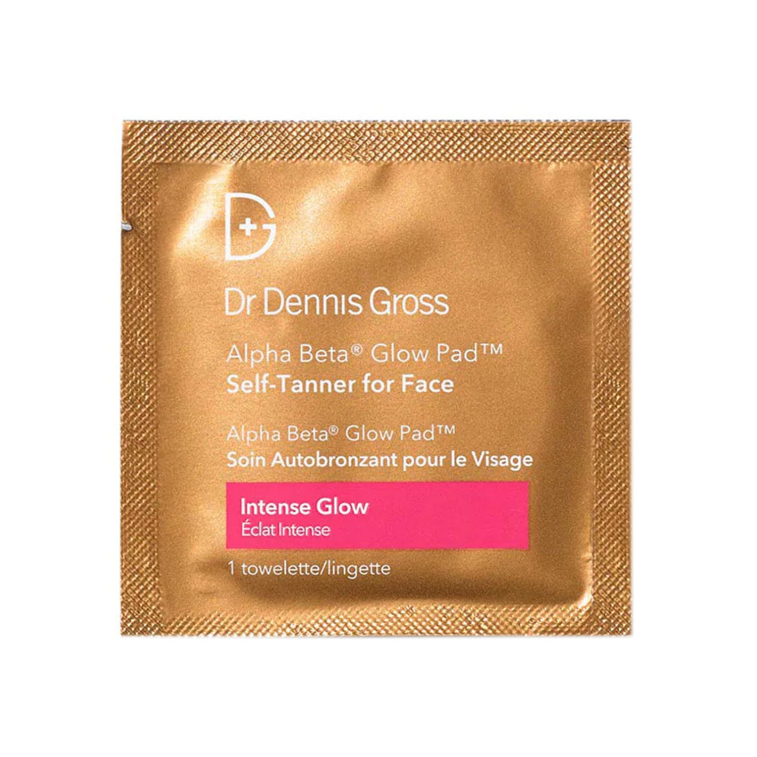 Alpha Beta Glow Pad Self-Tanner Intense Glow single-use towelette by Dr Dennis Gross. Designed for facial self-tanning with AHA/BHA and Vitamin D.