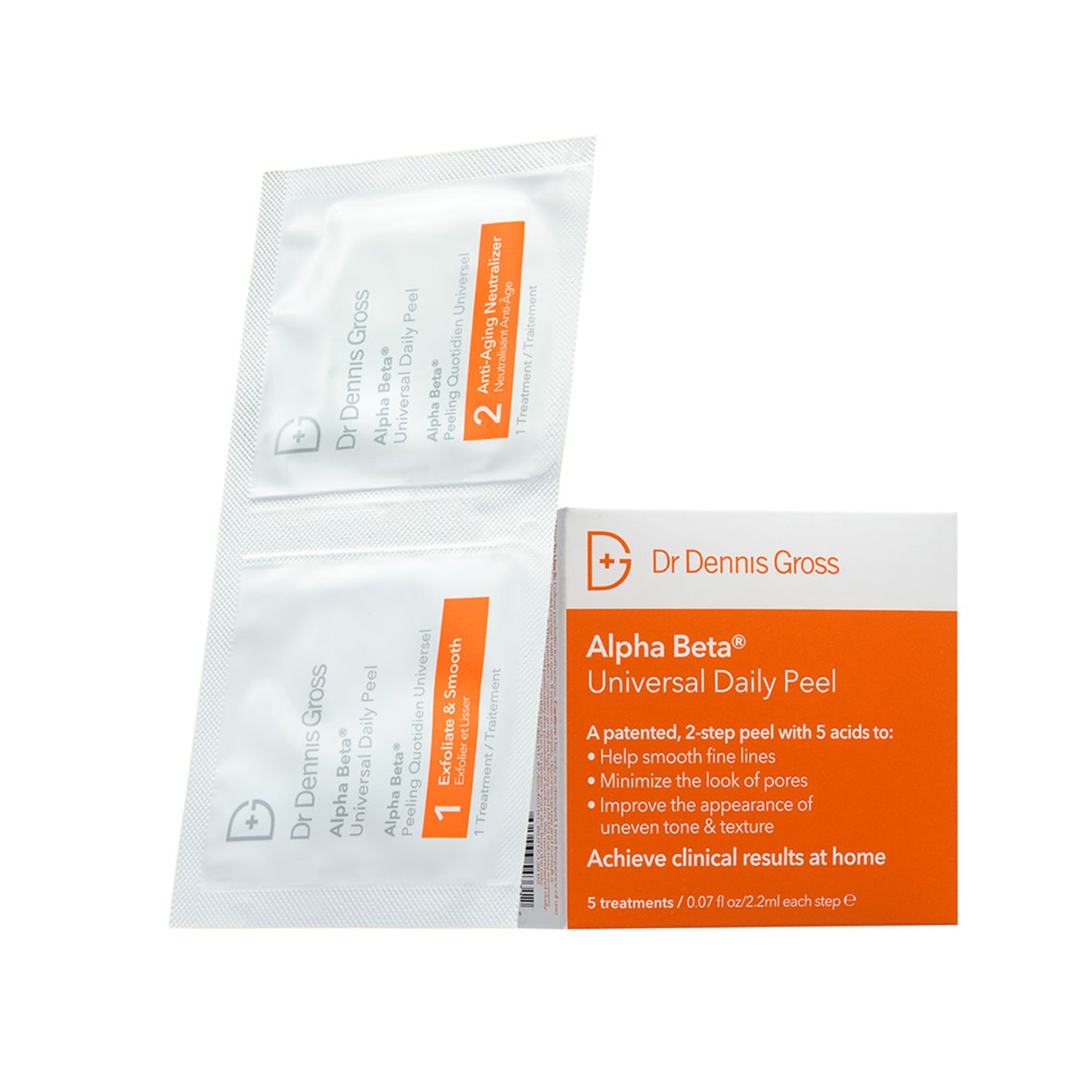 Dr Dennis Gross Alpha Beta Peel 5-pack with visible dual-step sachets for daily anti-aging and exfoliation, ideal for uneven tone and pores.