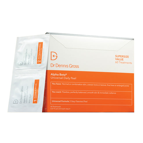 Alpha Beta Daily Peel 60-pack by Dr Dennis Gross featuring exfoliating and anti-aging treatment pads for smoother, radiant skin with daily use.