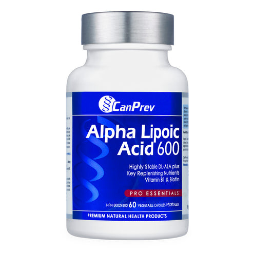 Front label of CanPrev Alpha Lipoic Acid 600 mg supplement. Contains Vitamin B1 and Biotin for glucose metabolism and antioxidant support.