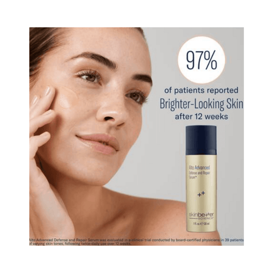 Skinbetter Alto Advanced Defense and Repair Serum shown with model applying product; 97% reported brighter skin in 12 weeks.