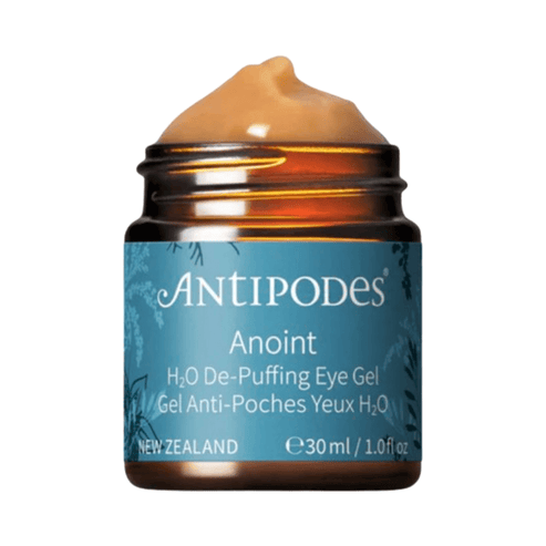 Antipodes Anoint H2O De-Puffing Eye Gel in a 30ml amber jar with blue botanical label. Hydrating eye treatment for under-eye puffiness relief.