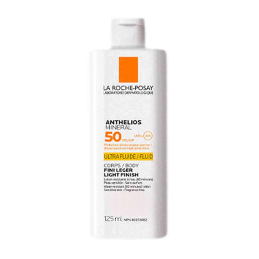 La Roche Posay SPF 50 Sunscreen in 125ml bottle with mineral broad spectrum protection for sensitive skin. Ultra-fluid body lotion with light finish.