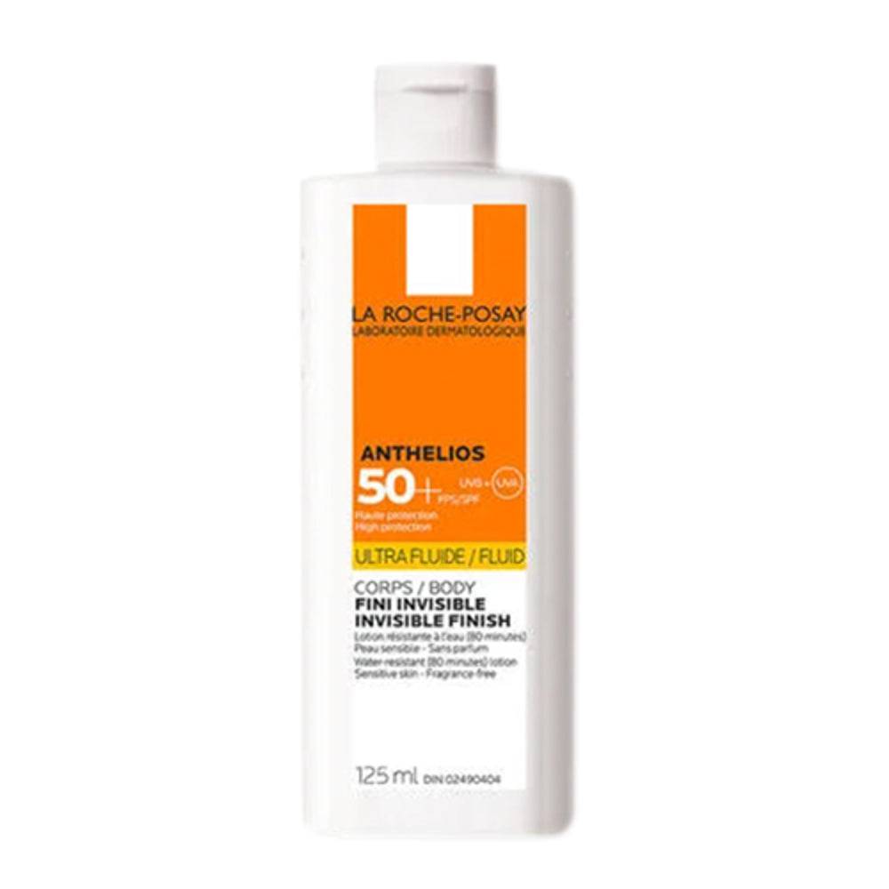 La Roche Posay Ultra-Fluid Sunscreen SPF 50+ for body with invisible finish and NETLOCK technology in a 125ml white bottle. Ideal for sensitive skin.