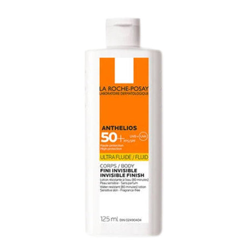 La Roche Posay Ultra-Fluid Sunscreen SPF 50+ for body with invisible finish and NETLOCK technology in a 125ml white bottle. Ideal for sensitive skin.