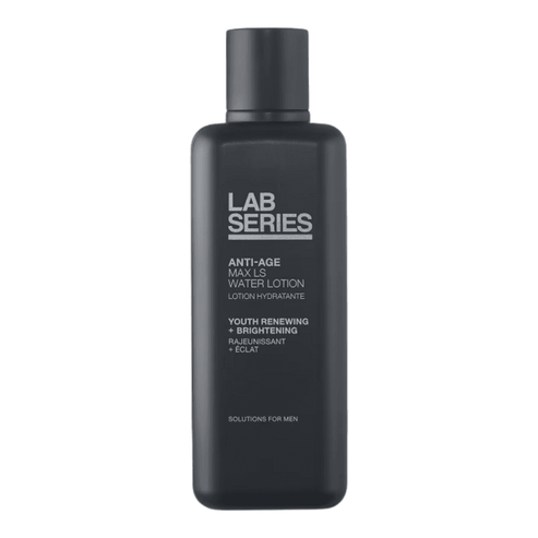 Lab Series Anti Age Max LS Skin Water Lotion for men in sleek black bottle. Youth-renewing and brightening facial treatment with algae extract and caffeine.