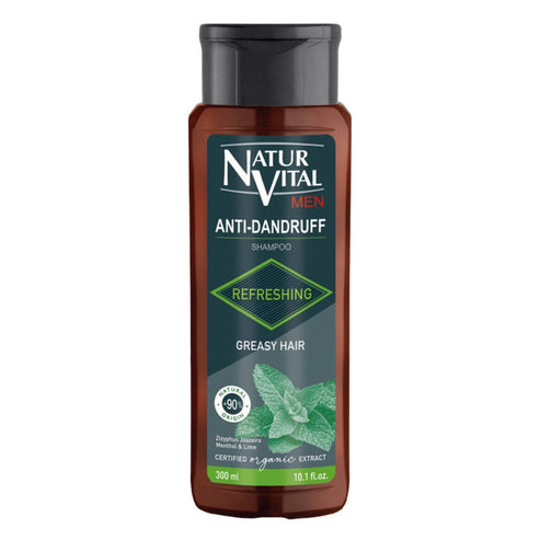NaturVital Anti-Dandruff Greasy Hair Shampoo for men with organic extracts, designed to reduce oiliness and refresh the scalp. 300ml bottle.
