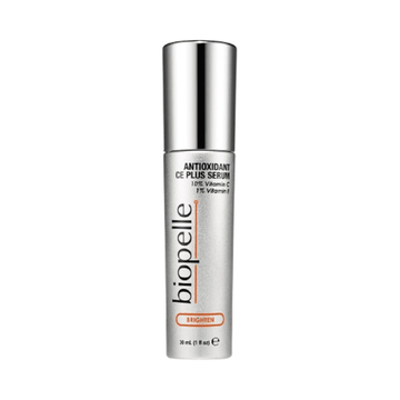 Biopelle Antioxidant CE Serum in sleek silver 30ml bottle with Vitamin C and E for brightening and anti-aging. Ideal for sensitive and acne-prone skin.