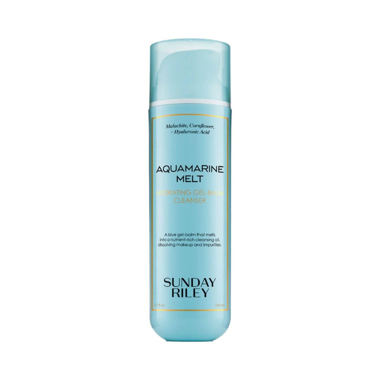 Sunday Riley Aquamarine Melt Cleanser with hydrating gel-balm formula. Transforms into oil for deep cleansing and makeup removal.