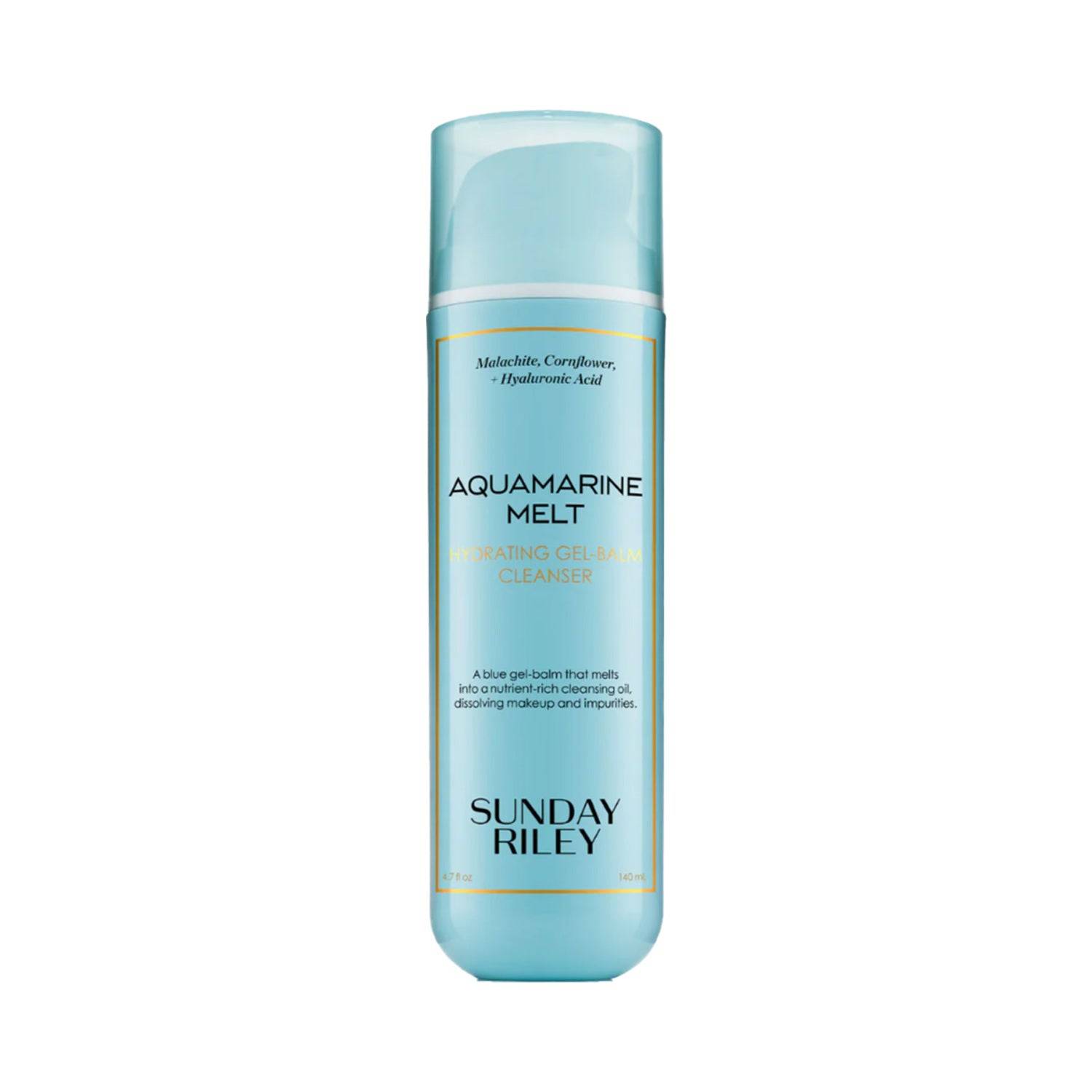 Sunday Riley Aquamarine Melt Cleanser with hydrating gel-balm formula. Transforms into oil for deep cleansing and makeup removal.