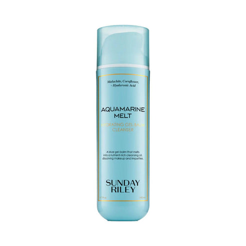 Sunday Riley Aquamarine Melt Cleanser with hydrating gel-balm formula. Transforms into oil for deep cleansing and makeup removal.