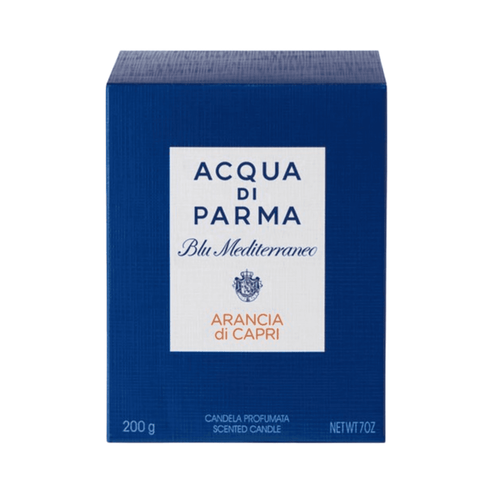 Acqua Di Parma Candle - Arancia Di Capri in signature blue box, 200g scented candle ideal for home fragrance and relaxation.