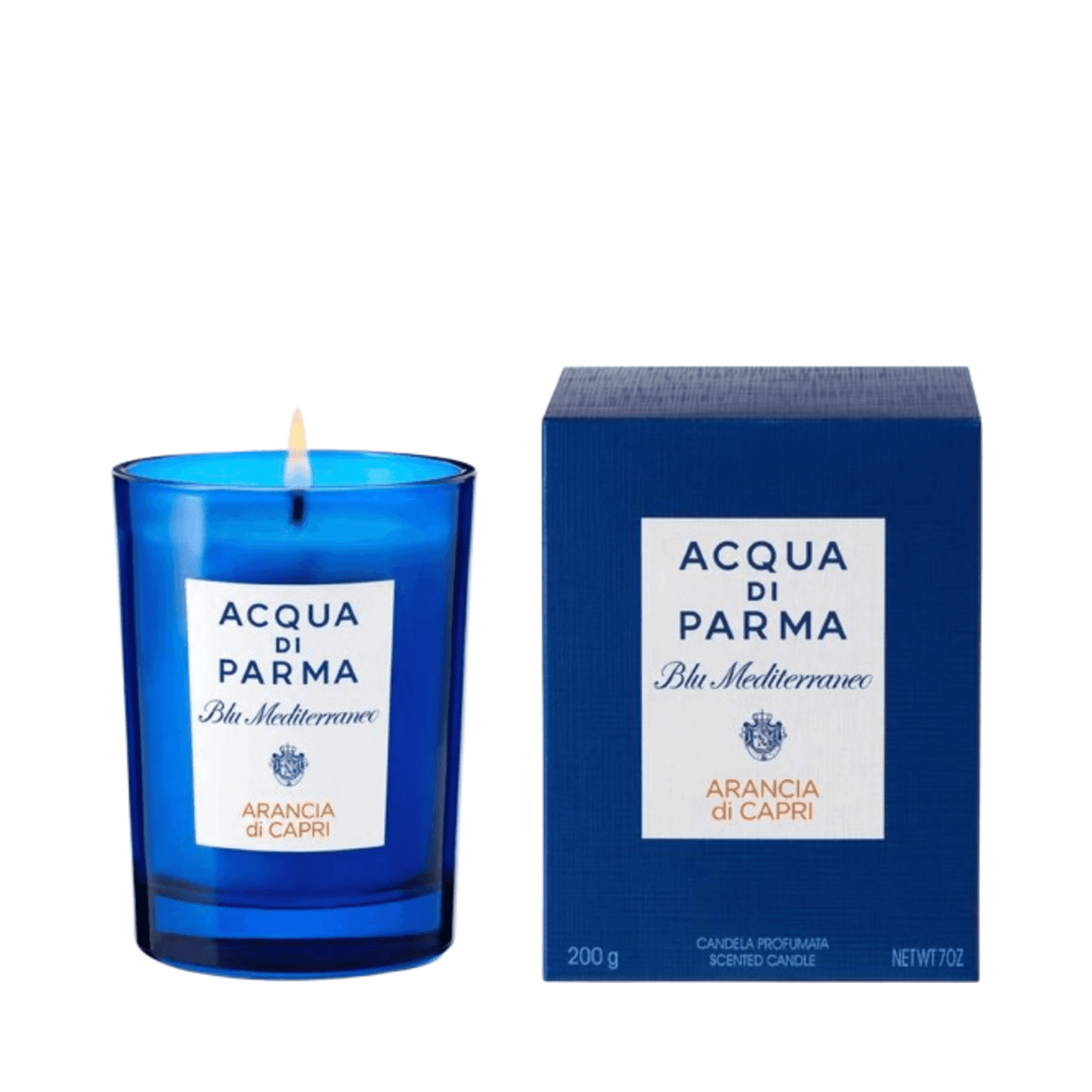 Acqua Di Parma Arancia Di Capri Candle lit beside its elegant blue packaging, offering relaxing citrus notes for a serene ambiance.