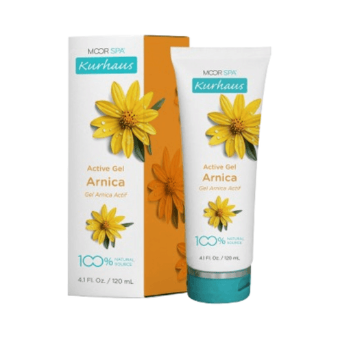 Moor Spa Arnica Active Gel caja y tubo para tratamiento corporal con flores amarillas