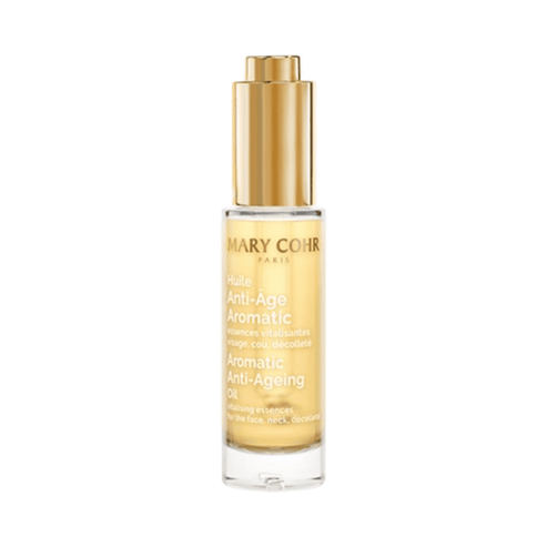 Mary Cohr Anti-Aging Face Oil in a sleek gold-capped bottle, designed to nourish and protect dry, mature skin on face, neck, and décolleté.