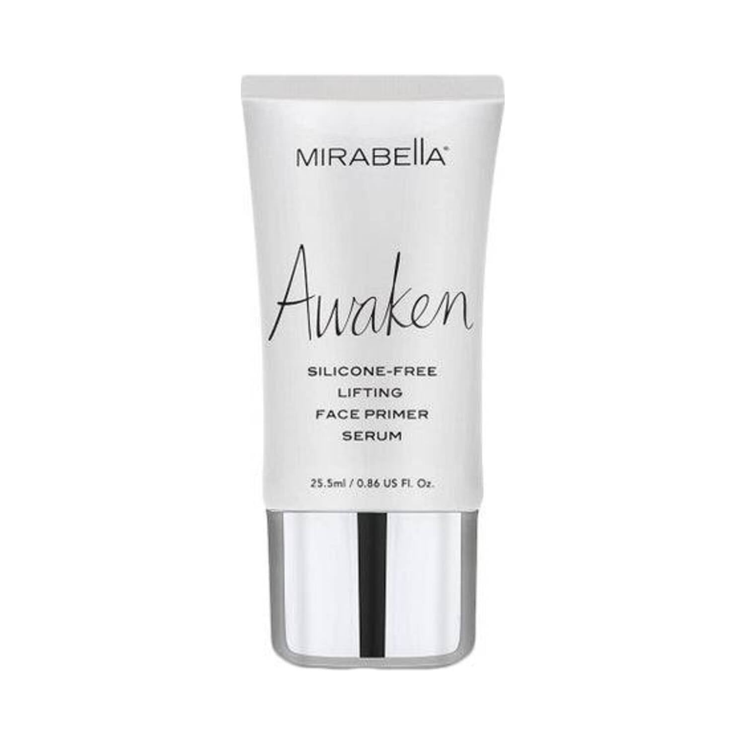 Front view of Mirabella Awaken Face Primer Serum tube, a silicone-free lifting primer that enhances glow and preps skin for makeup.