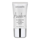 Mirabella Awaken Face Primer Serum in a sleek white and silver 25.5ml tube, a lightweight brightener for radiant, firm skin.