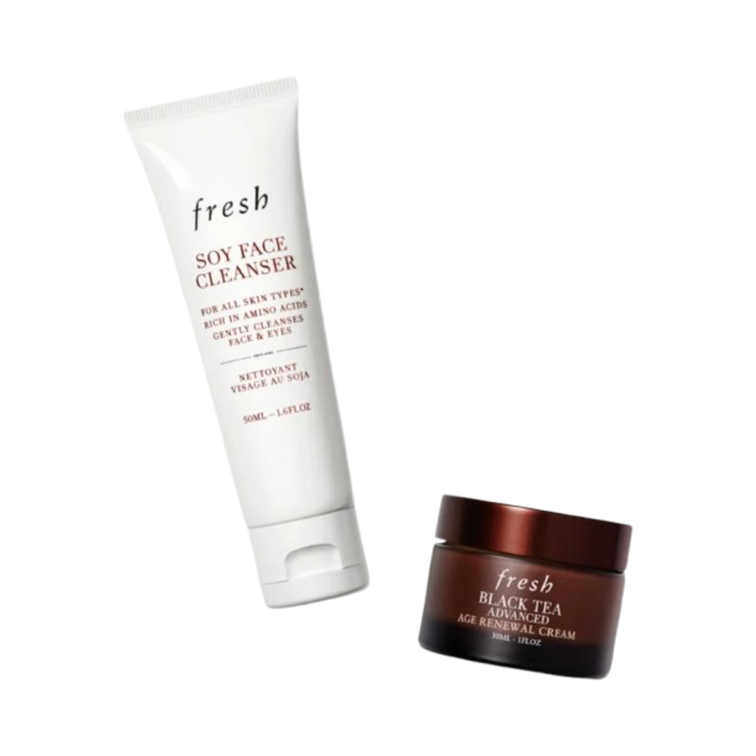 Fresh Awaken Radiance Kit includes Soy Face Cleanser and Black Tea Age Renewal Cream, ideal for mature skin and fine lines.