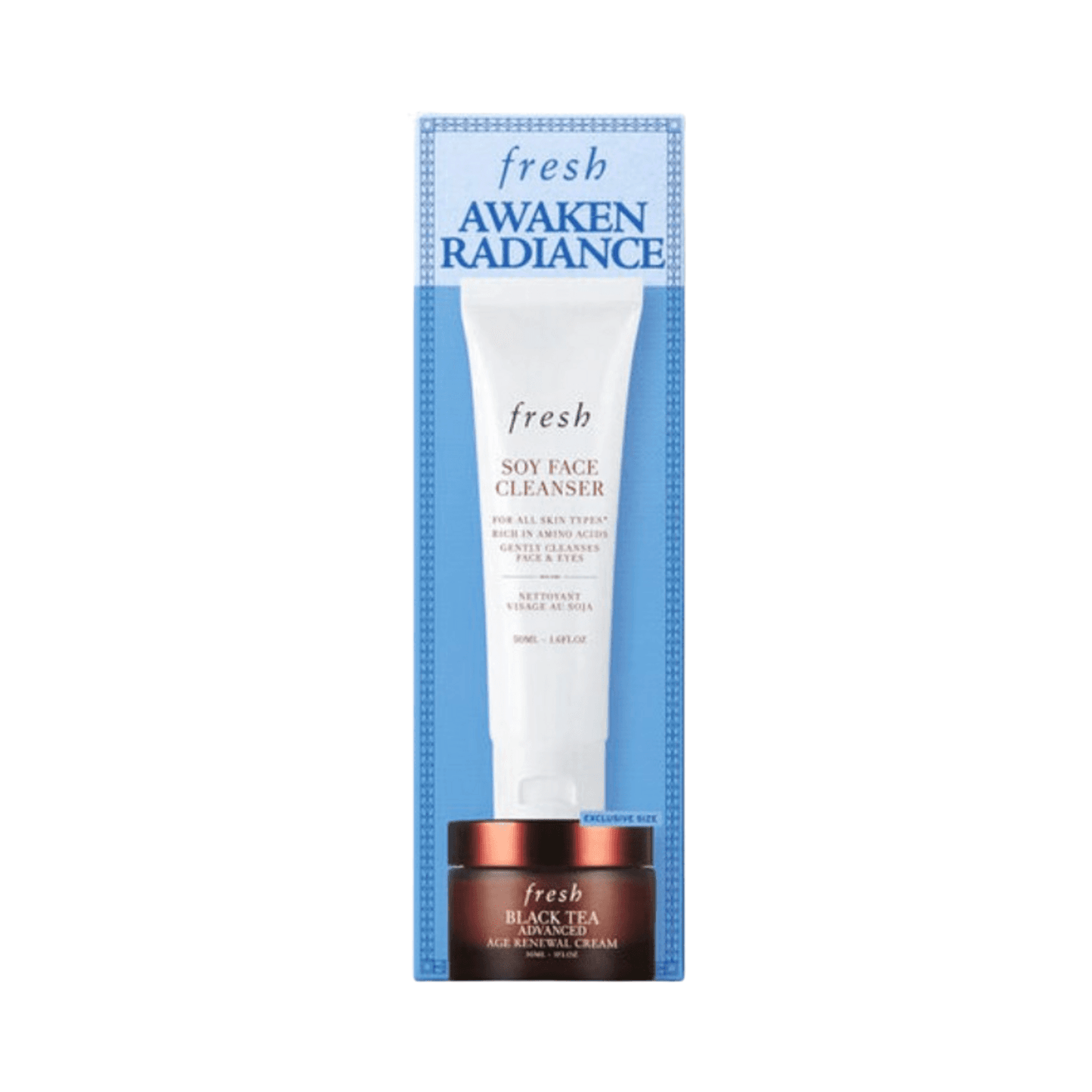 Fresh Awaken Radiance - Skin Care Kit boxed set featuring Soy Face Cleanser and Black Tea Age Renewal Cream for radiant, youthful skin.