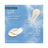 Fresh Awaken Radiance Kit benefits showing 91% reduction in redness and 7x smoother wrinkles with Soy Cleanser and Black Tea Cream.