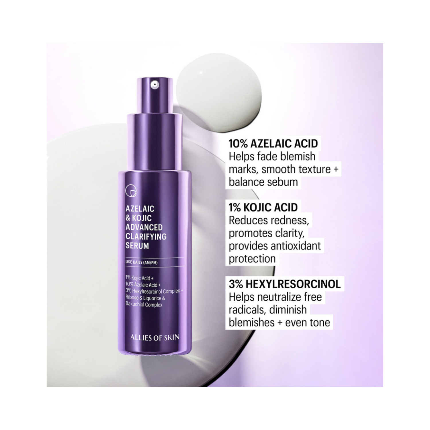 Azelaic Kojic Clarifying Serum for Clear Skin featuring benefits of Azelaic Acid, Kojic Acid, and Hexylresorcinol for blemish-free, even-toned skin.