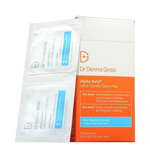Dr Dennis Gross Alpha Beta Ultra Gentle Daily Peel 30-treatment box with visible sachets. Targets dullness, fine lines, and uneven texture.