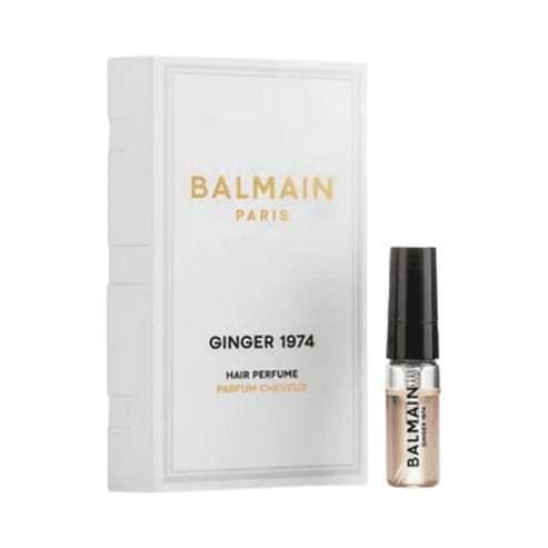 BALMAIN Ginger 1974 Hair Perfume sample with white and gold box. A luxury hair treatment combining spicy ginger, fir balsam, and musk for lasting fragrance.