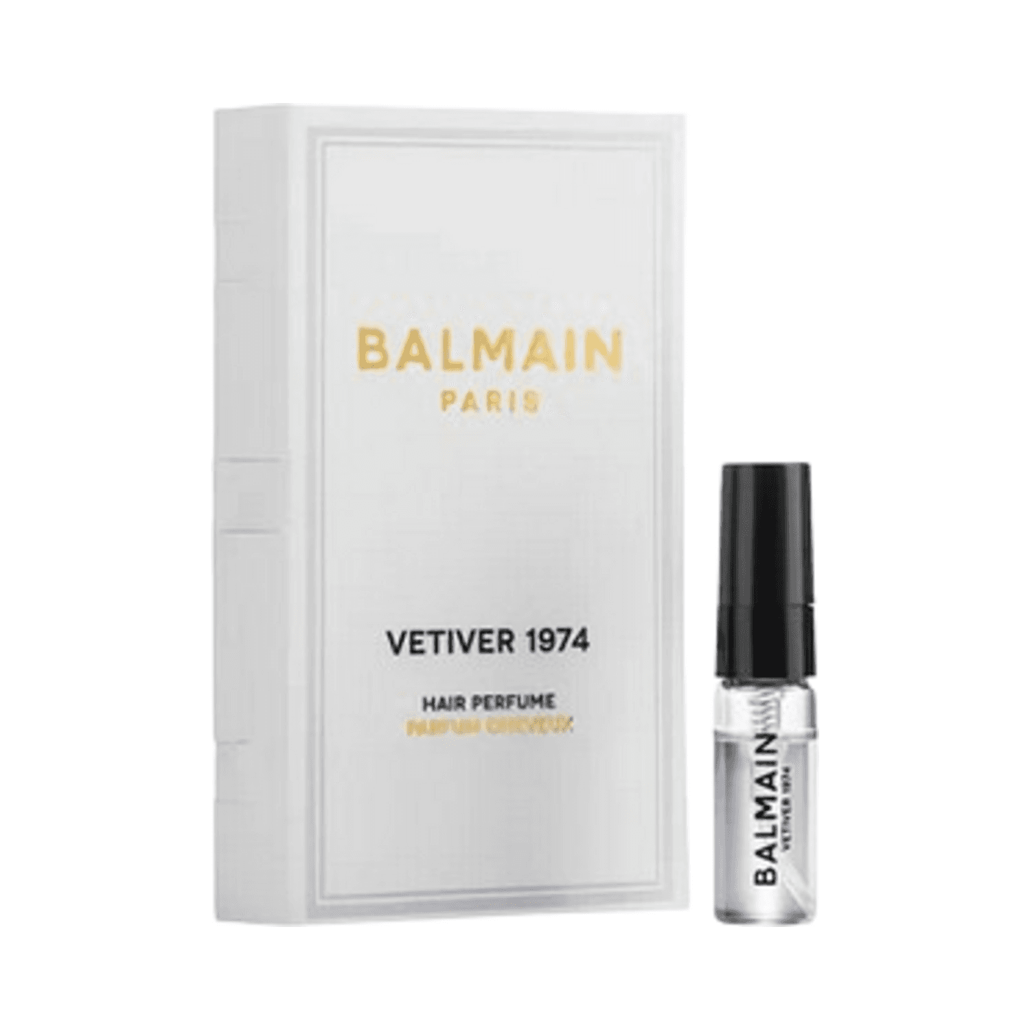 BALMAIN Paris Hair Perfume Vetiver 1974 free gift set featuring a mini spray bottle and elegant white packaging. Bright, fresh scent for hair care.