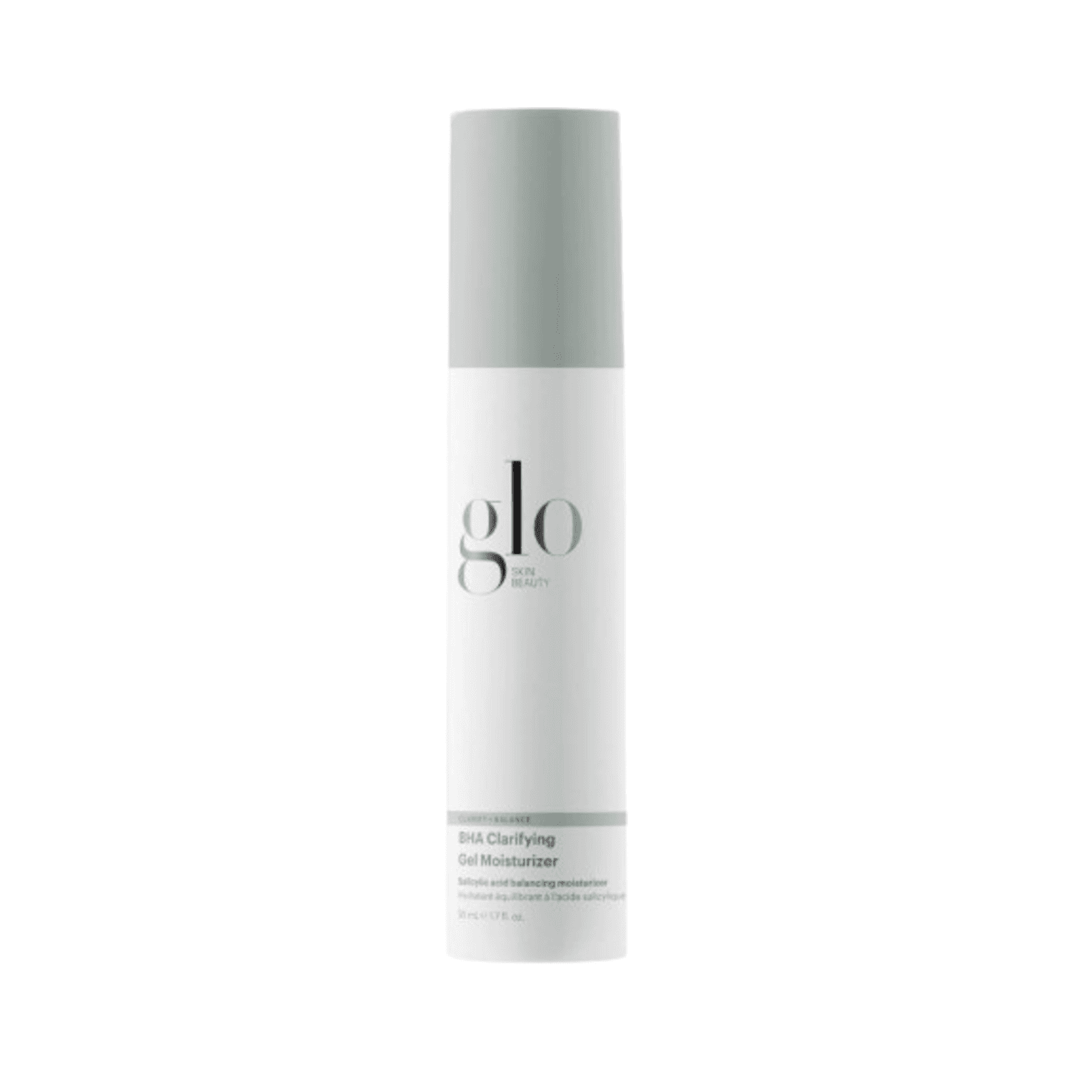 Glo Skin Beauty BHA Clarifying Gel Moisturizer in sleek white and gray bottle, ideal for breakout-prone skin with oil-free hydration benefits.