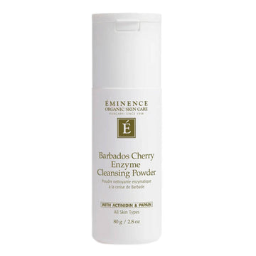 Eminence Organics Cherry Enzyme Cleansing Powder in 80g bottle for exfoliating and cleansing all skin types with actinidin and papain enzymes.
