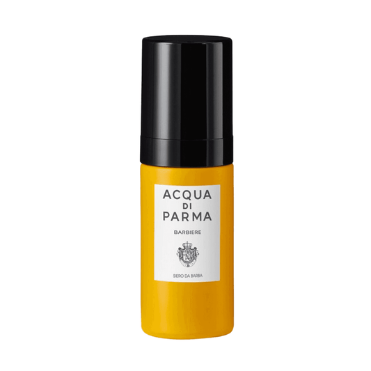 Acqua Di Parma Barbiere Beard Serum for men, featuring a sleek yellow and black design, perfect for softening and managing facial hair.