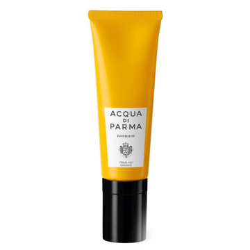 Acqua Di Parma Barbiere Moisturizing Face Cream 50ml in signature yellow tube with black cap, ideal men's moisturizer for normal to oily skin.