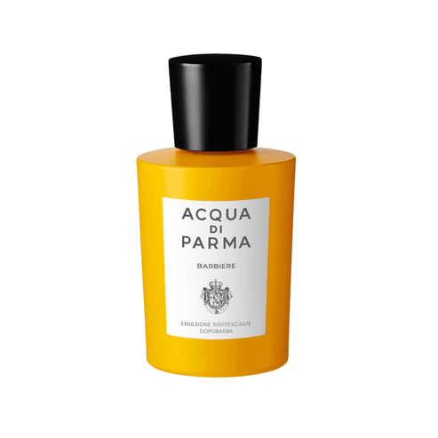 Acqua Di Parma Barbiere Aftershave Emulsion featuring a sleek yellow design. Ideal for refreshing and moisturizing skin after shaving.