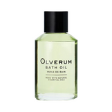 Olverum Bath Oil bottle with black cap, featuring a clear label. A top-rated body oil for relaxation and stress relief with essential oils.