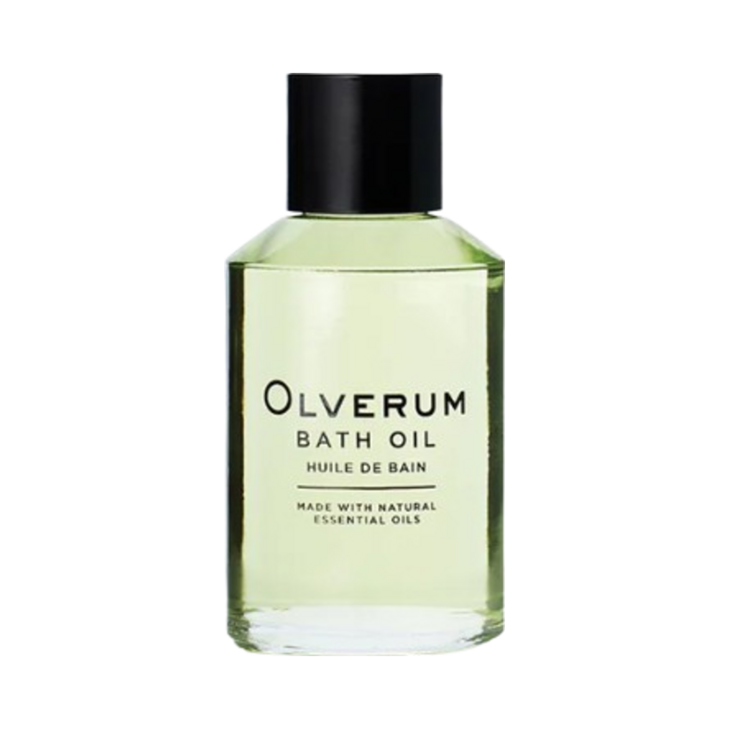Olverum Bath Oil bottle with black cap, featuring a clear label. A top-rated body oil for relaxation and stress relief with essential oils.