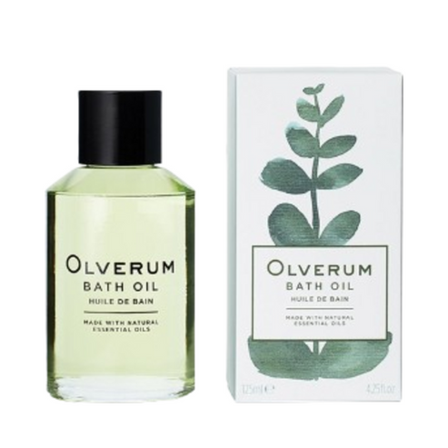 Olverum Bath Oil bottle and packaging box with minimalist botanical design. Ideal for soothing body care and relaxation routines.