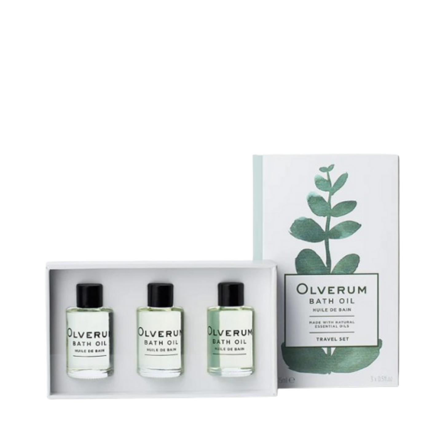 Olverum Bath Oil Travel Set with box packaging and three travel-size bottles, ideal for soothing baths with lavender, lemon, and juniper oils.