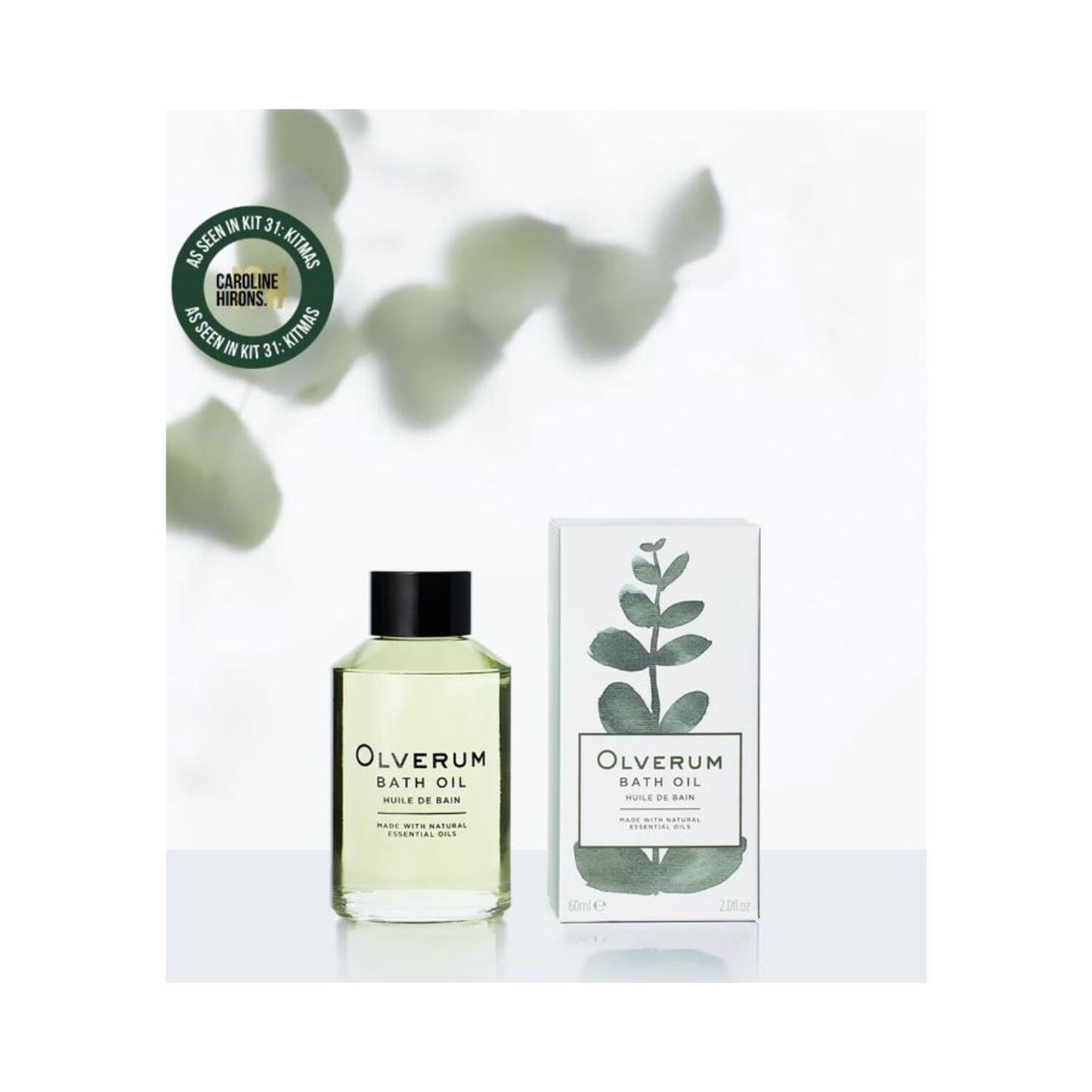 Olverum Bath Oil with box and green leaf design, endorsed by Caroline Hirons. A soothing bath oil for stress relief and skin nourishment.
