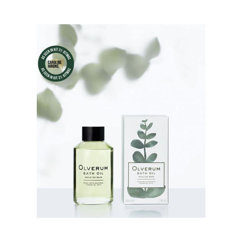 Olverum Bath Oil with box and green leaf design, endorsed by Caroline Hirons. A soothing bath oil for stress relief and skin nourishment.