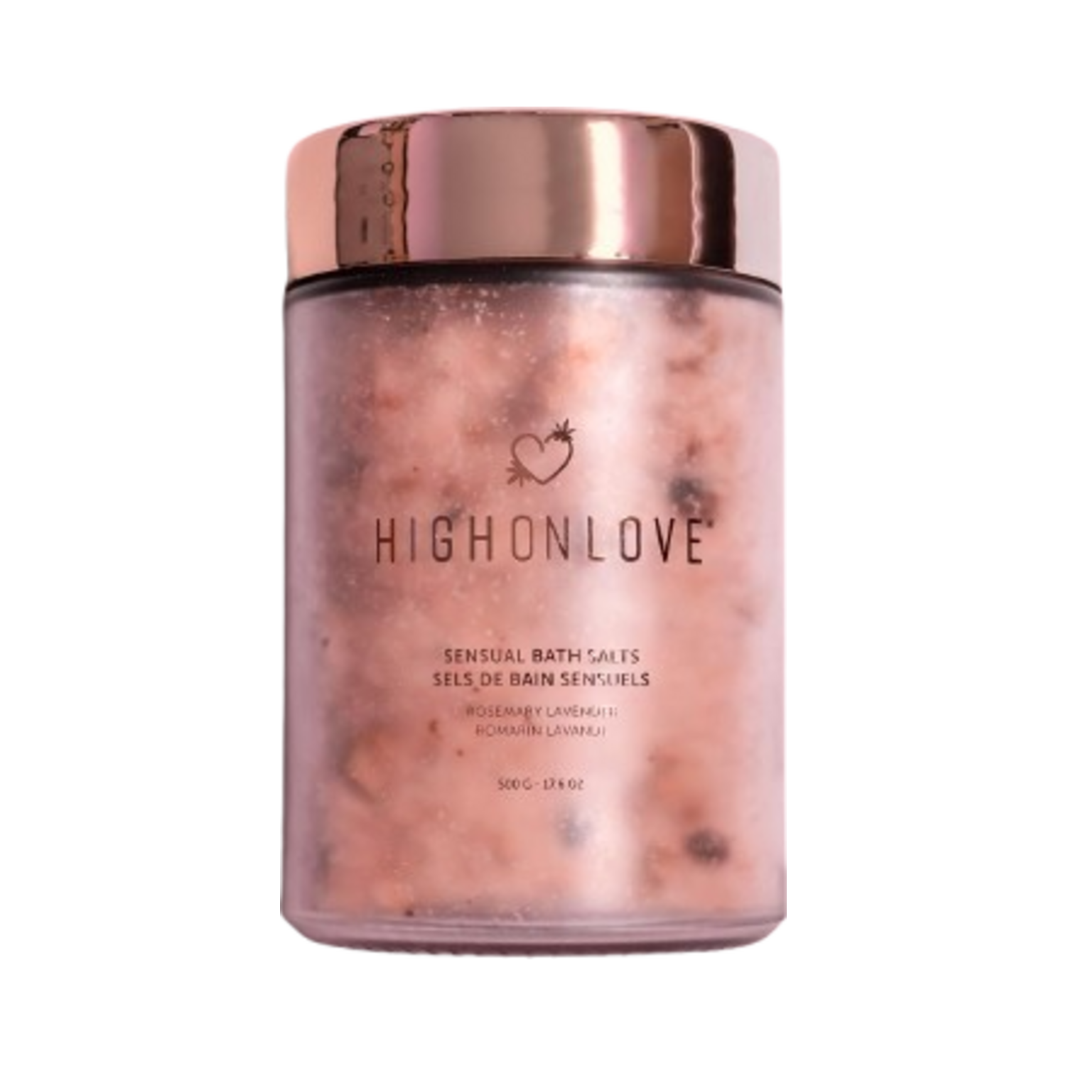High on Love Bath Salts Body Treatment in a 500g rose gold jar with sensual rosemary and lavender blend, ideal for luxury bath rituals.