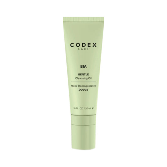 Codex Bia Cleansing Oil 2.0 i en 30 ml grön tub, en skonsam olja-till-mjölk ansiktsrengöring för torr eller kliande hud. Idealisk för makeupborttagning och pH-balans.