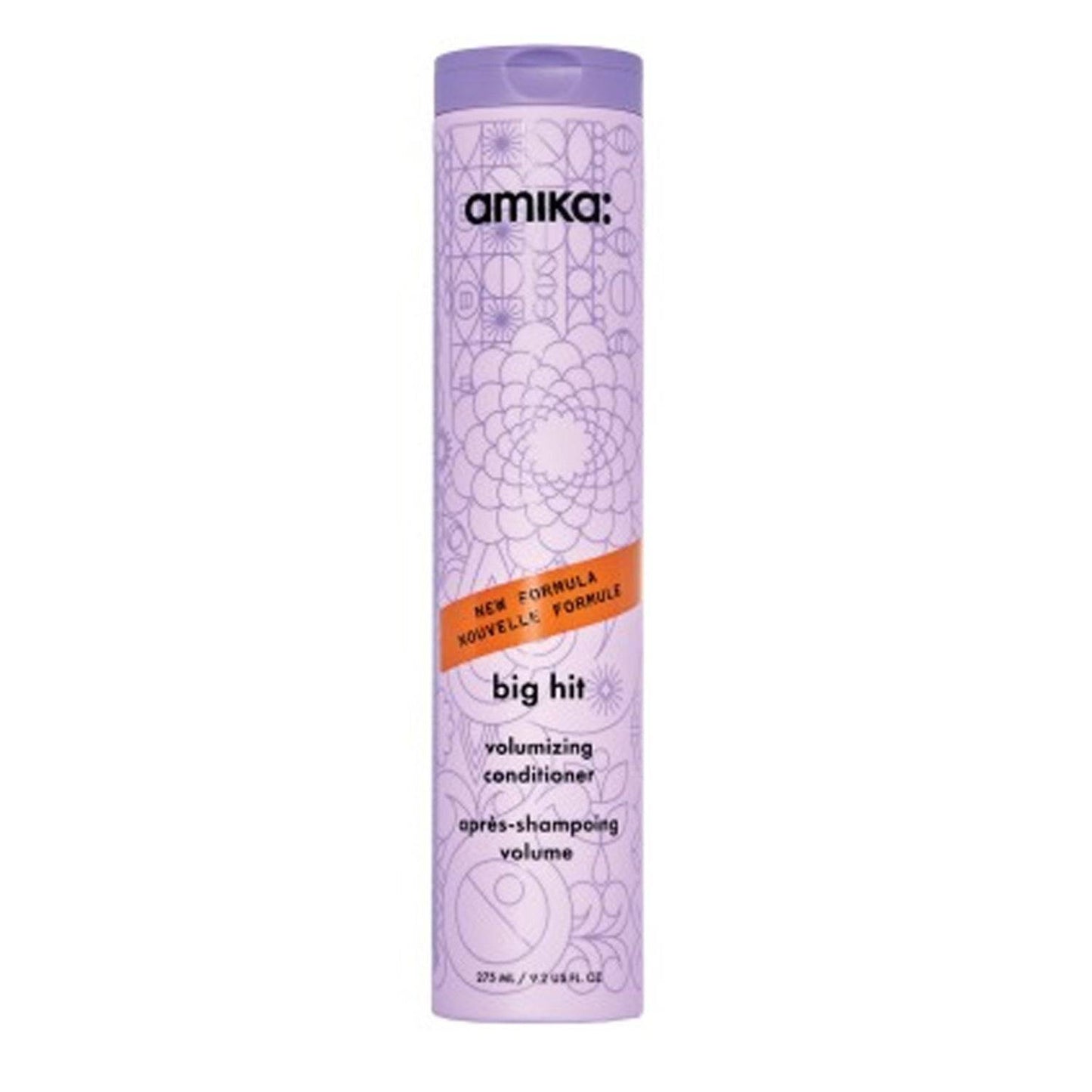 Amika Big Hit Volumizing Conditioner bottle shown with a woman holding it, highlighting benefits like 2.3x volume boost, weightless moisture, and detangling.