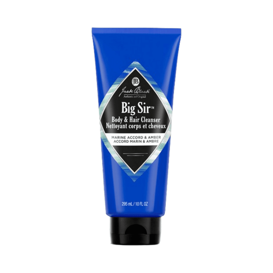 Big Sir Body Hair Cleanser fra Jack Black, 10 fl oz tube ideell for å rense kropp og hår med aromatisk skum og naturlige ingredienser.