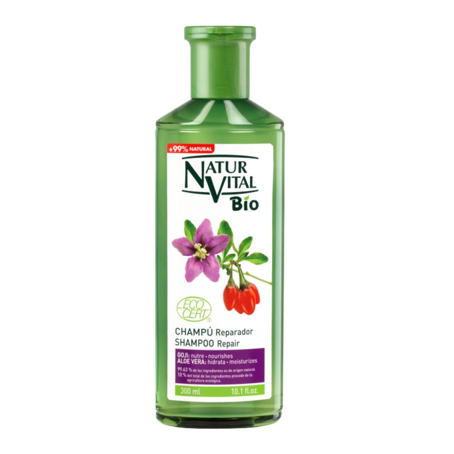 Natur Vital Repair Shampoo with organic Goji and Aloe in a green 300ml bottle. Hydrates and repairs damaged hair, ideal for all hair types.