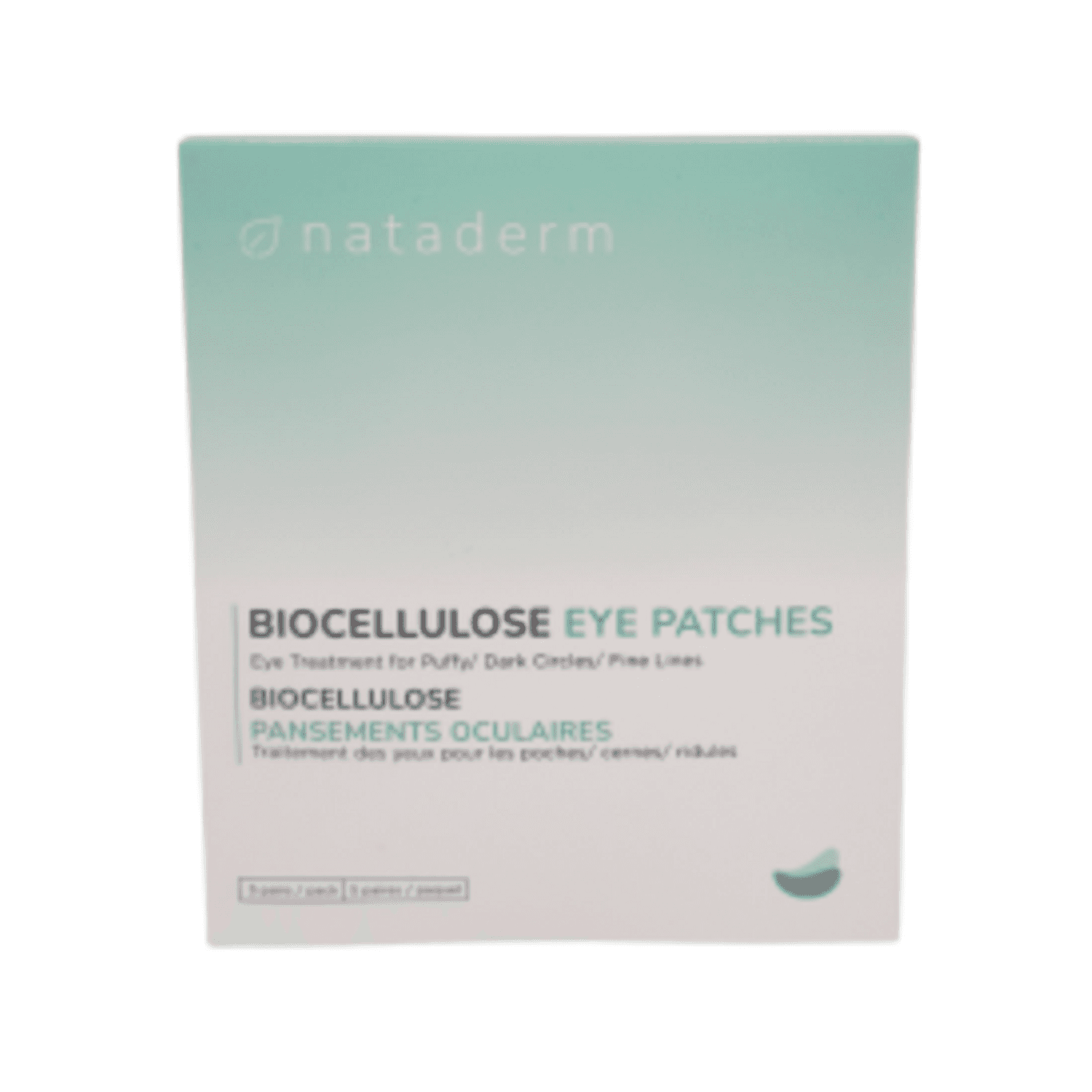 Nataderm Biocellulose Eye Patches - Reduce Puffiness | 5 Pairs box packaging for under-eye treatment targeting dark circles and fine lines.